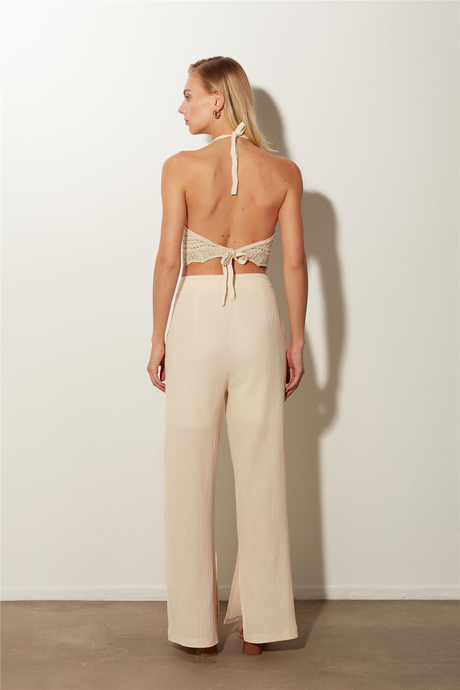 Ekru Yüksek Bel Geniş Paça Keten Yırtmaçlı Pantolon SS23P4798EK
