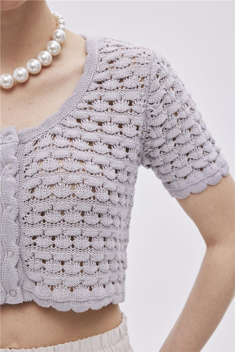 Gri Çıtçıtlı Triko Crop Top