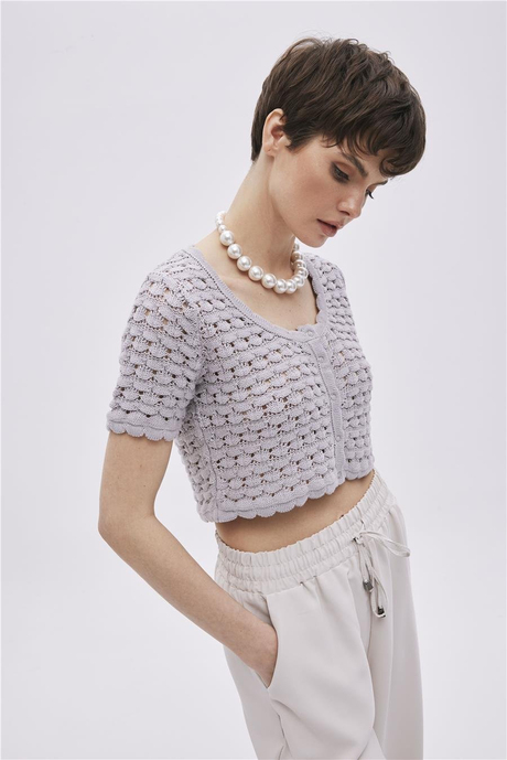 Gri Çıtçıtlı Triko Crop Top