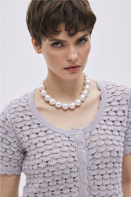 Gri Çıtçıtlı Triko Crop Top