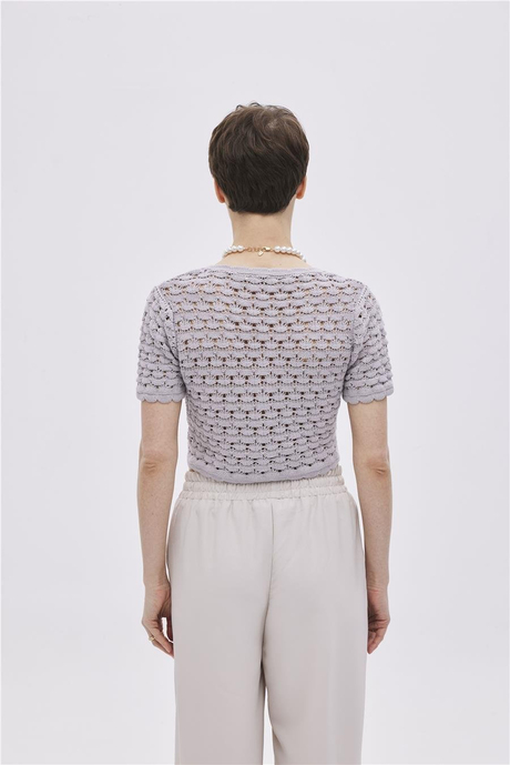 Gri Çıtçıtlı Triko Crop Top