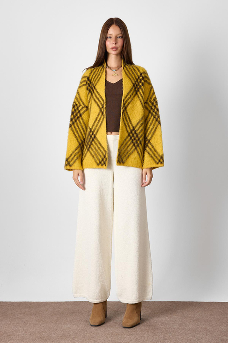 Hardal Ekoseli Oversize Triko Hırka
