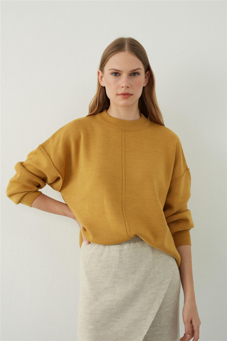 Hardal Oversize Yuvarlak Yaka Basic Triko Kazak