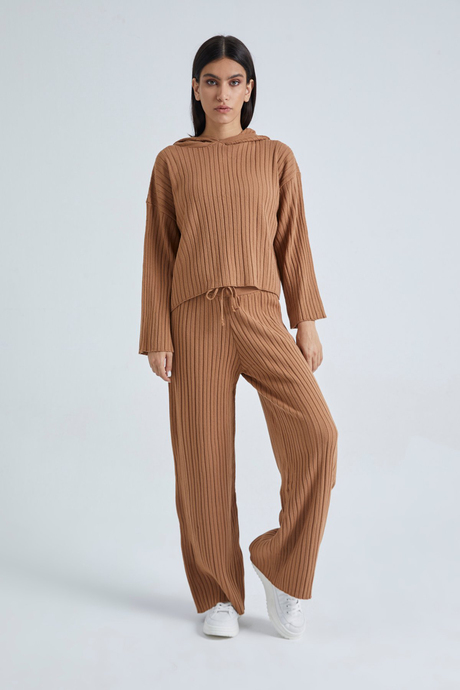 Kadın Camel Fitilli Kapüşonlu Yumuşak Dokulu Dökümlü Pantolon Kazak Takım SWTK4083CA