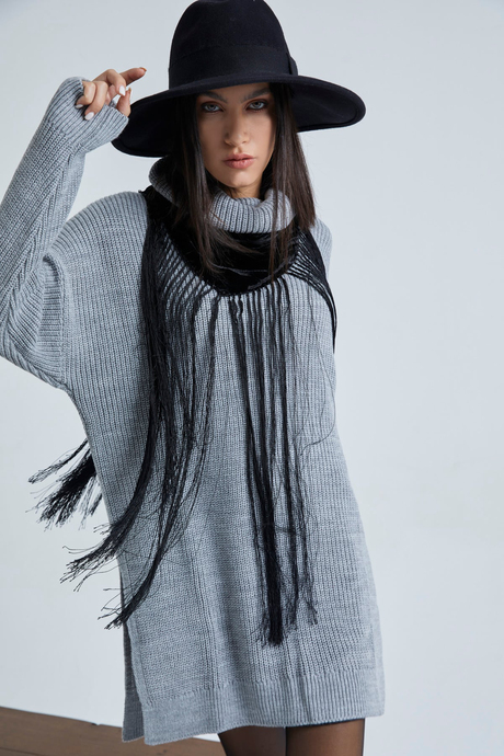 Kadın Gri Balıkçı Yaka Uzun Kollu Oversize Triko Tunik SWT4119GR