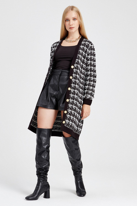 Woman Black Patterned Cardigan with Button SWC4028Sİ