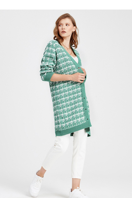 Woman Green Patterned Cardigan with Button SWC4028MI