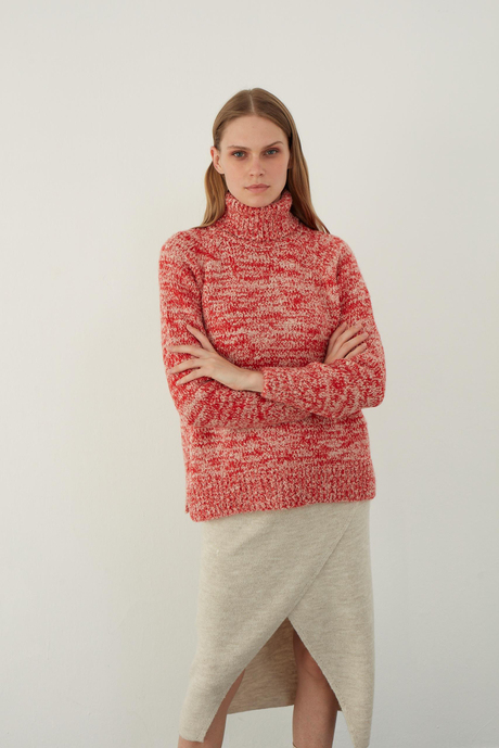 Red Brushed Textured V Neck Basic Knitwear Sweater