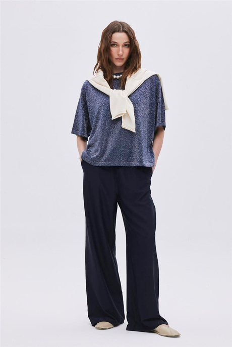 Lacivert Beli Lastikli Bağcıklı Pantolon