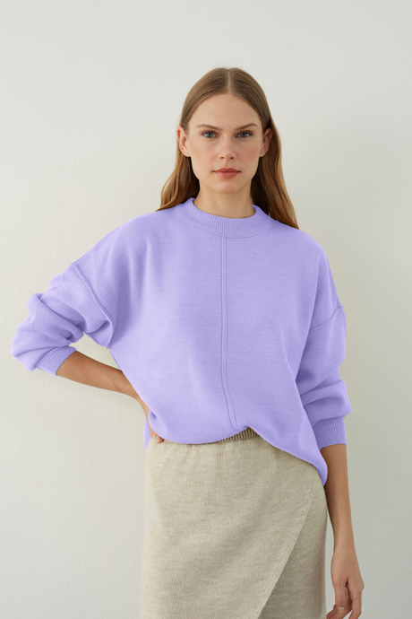Lila Oversize Yuvarlak Yaka Basic Triko Kazak
