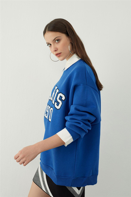 Mavi Gömlek Yaka Detaylı Sweatshirt