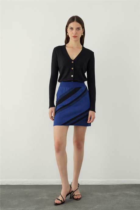 Saks-Siyah Çizgili Mini Triko Etek