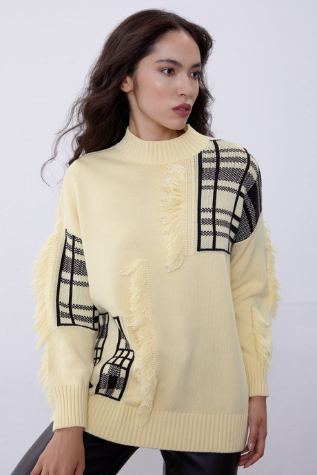 Yellow Tassel Detailed Half Turtleneck Knit Sweater SWK4363SR