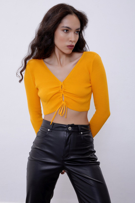 Yellow V-Neck Plunging Gown Knit Sweater SWK4512SR 