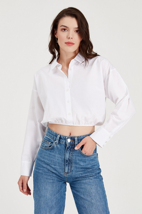 Sherin Woman White Lace Up Detailed Elastic Waist Crop Shirt SWG4169BY
