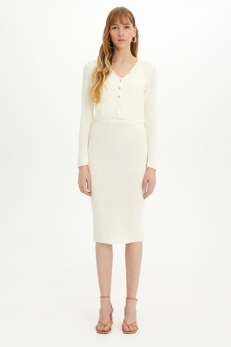 Sherin Woman Ecru Ribbed Skirt  Cardigan Set SWTK3011-15EK