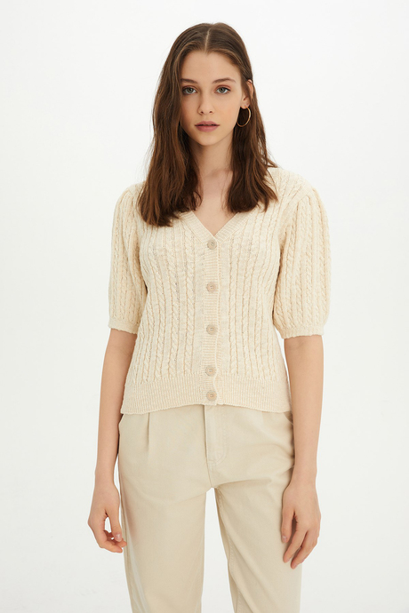 Sherin Woman Ecru Braided Buttoned Knit Cardigan SWC4332EK