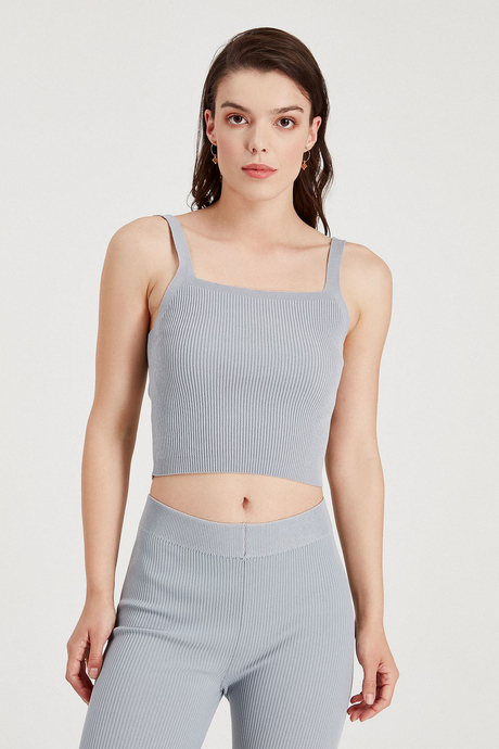 Sherin Kadın Gri Fitilli Kare Yaka İnce Askılı Triko Crop Atlet SWA4149GR