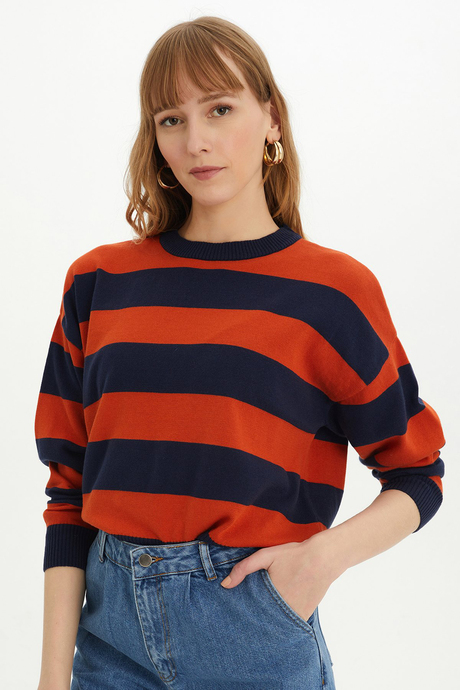 Sherin Woman Indigo-Orange Striped Crew Neck Knit Sweater SWK4339IN