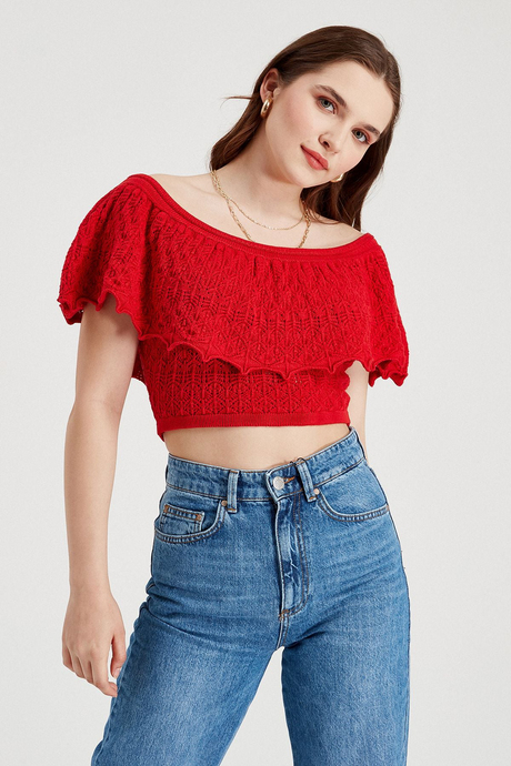Sherin Kadın Kırmızı Ajurlu Madonna Yakalı Triko Crop Atlet SWA4116KR