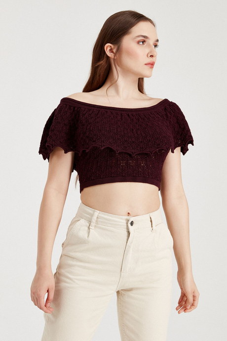 Sherin Woman Purple Openwork Madonna Neck Knit Crop Lenght Beater SWA4116MO