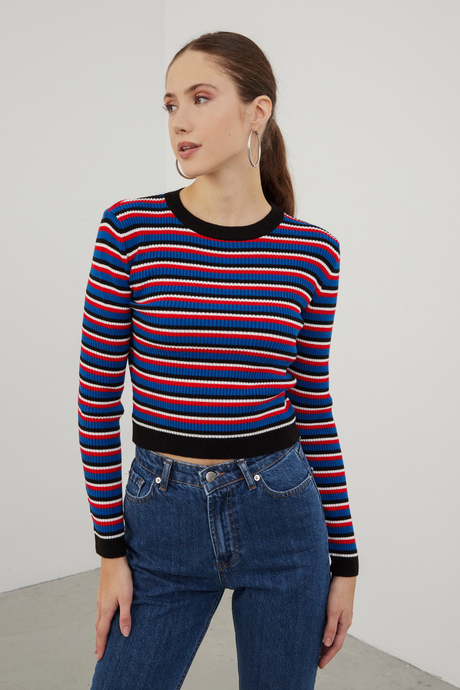 Sherin Woman Black Striped Crew Neck Basic Knit Sweater SWK4226Sİ