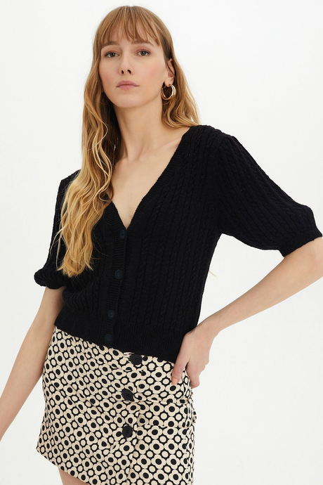 Sherin Woman Black Braided Buttoned Knit Cardigan SWC4332Sİ