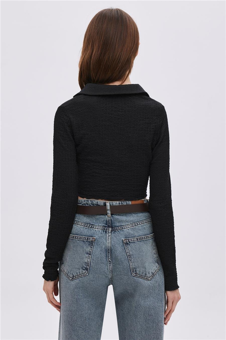 Siyah Asimetrik Kesim Crop Bluz