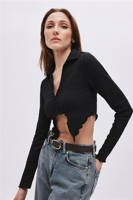 Siyah Asimetrik Kesim Crop Bluz