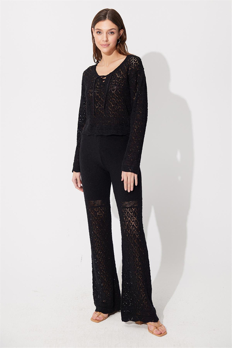 Black Knit Pattern Sweater Pants Set SWTK4557-58Sİ
