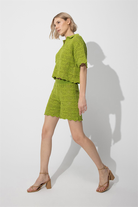 Yeşil Polo Yaka Kazak Şort Triko Takım SWTK4634-35YE