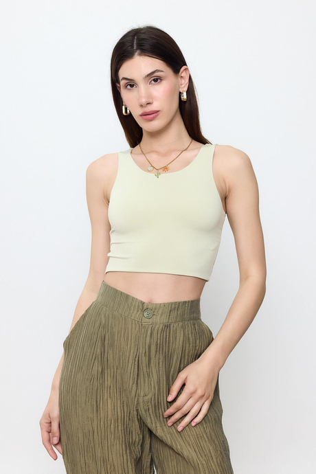 Yeşil Slimfit Crop Top Bluz