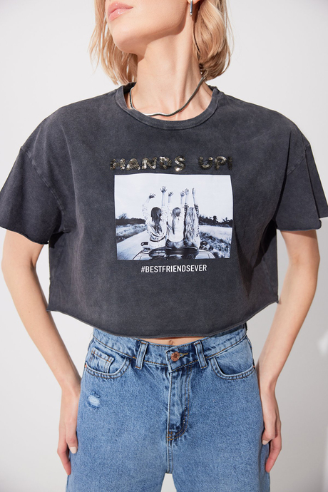 Antrasit Asit Yıkamalı Baskılı Oversize T-shirt SS23TE4733ANT