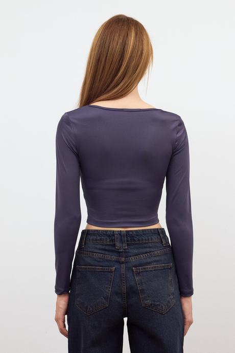 Antrasit Basic Kare Yaka Crop Bluz