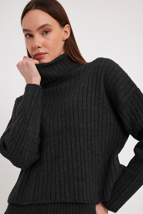 Antrasit Fitilli Etek Kazak Triko Takım