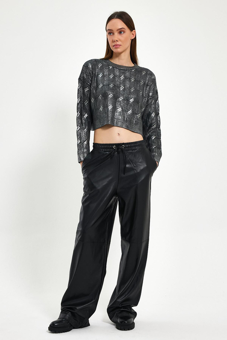 Antrasit Simli Kısa Triko Kazak