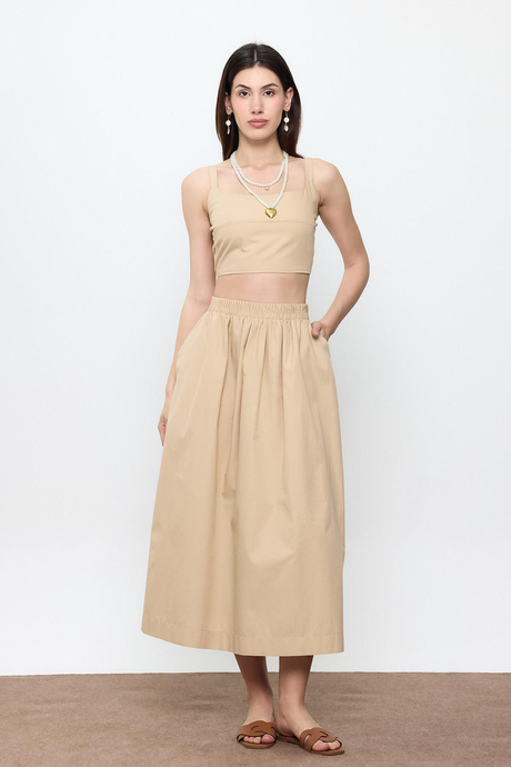 Bej %100 Cotton Askılı Crop