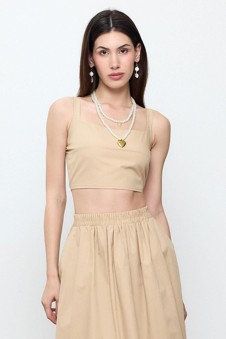 Bej %100 Cotton Askılı Crop