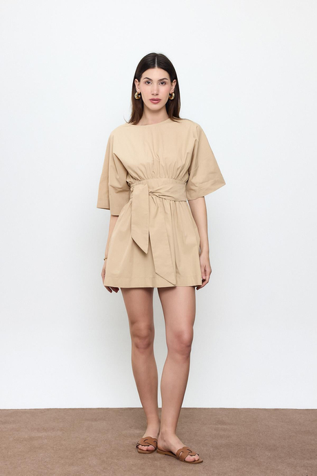 Bej %100 Cotton Beli Kemerli Mini Elbise