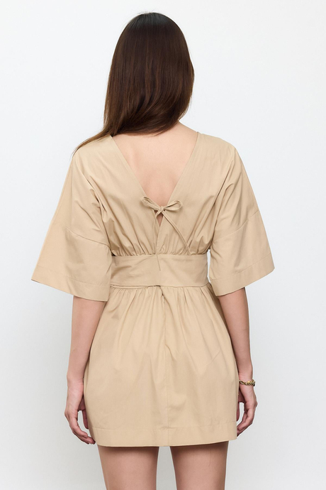 Bej %100 Cotton Beli Kemerli Mini Elbise
