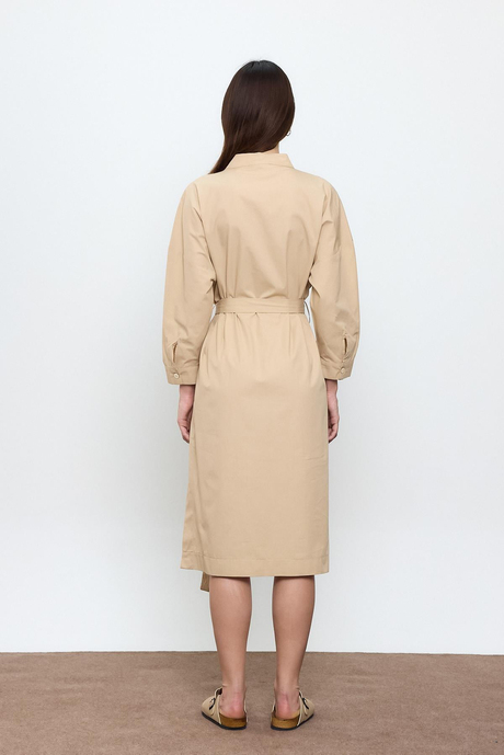 Bej %100 Cotton Midi Boy Gömlek Elbise