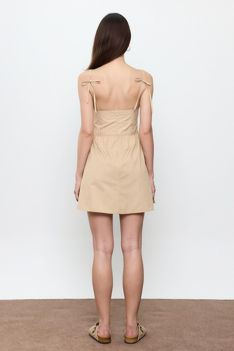 Bej %100 Cotton Mini Elbise