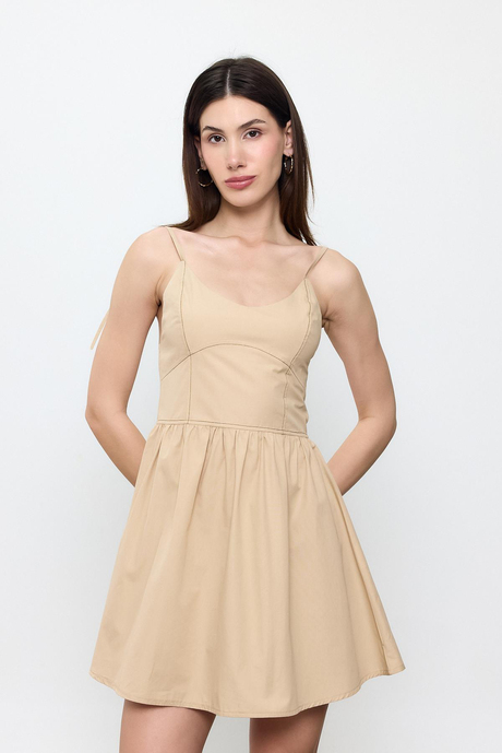 Bej %100 Cotton Mini Elbise