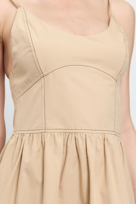 Bej %100 Cotton Mini Elbise