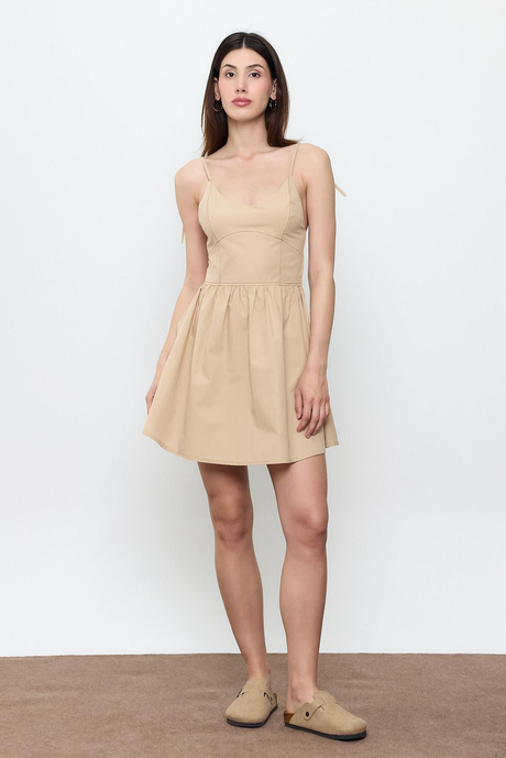 Bej %100 Cotton Mini Elbise