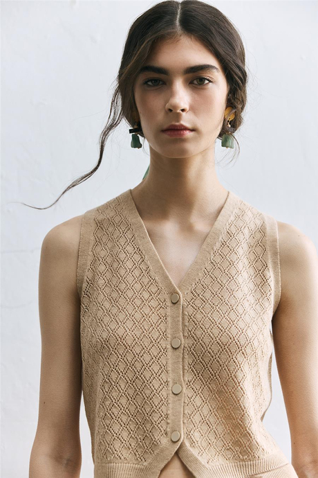 Bej Ajurlu Triko Yelek