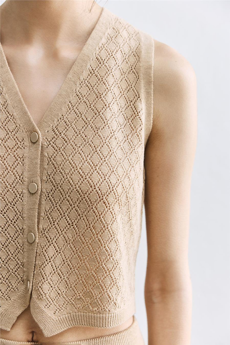 Bej Ajurlu Triko Yelek