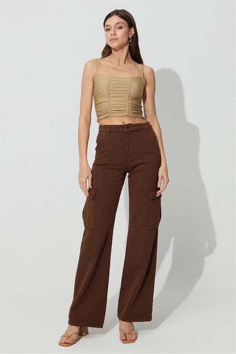 Bej Büzgülü Kare Yaka Triko Atlet SWA4641BJ