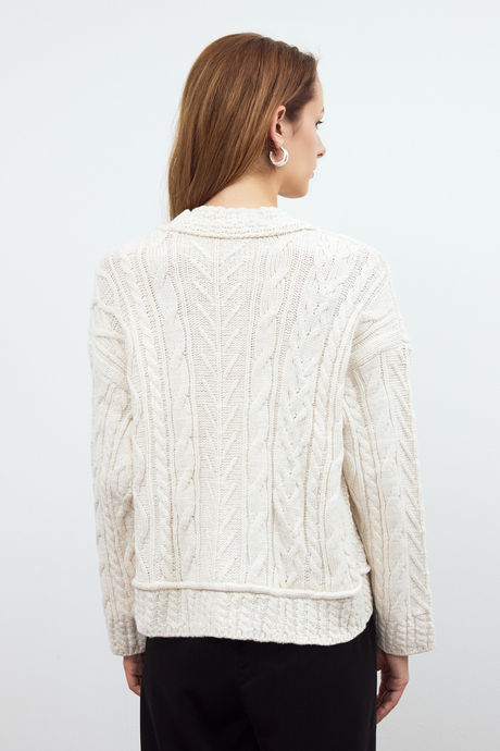 Beige Button Detailed Cable Knit Cardigan