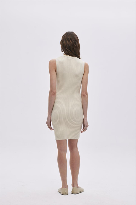 Bej Fitilli Mini Triko Elbise